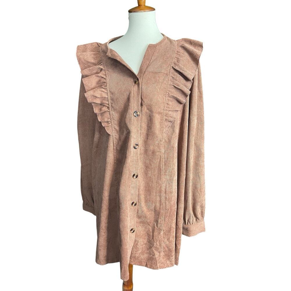 Shein Corduroy Button Up Dress with Ruffles Brown Women Size XL New Without Tags - Picture 7 of 10